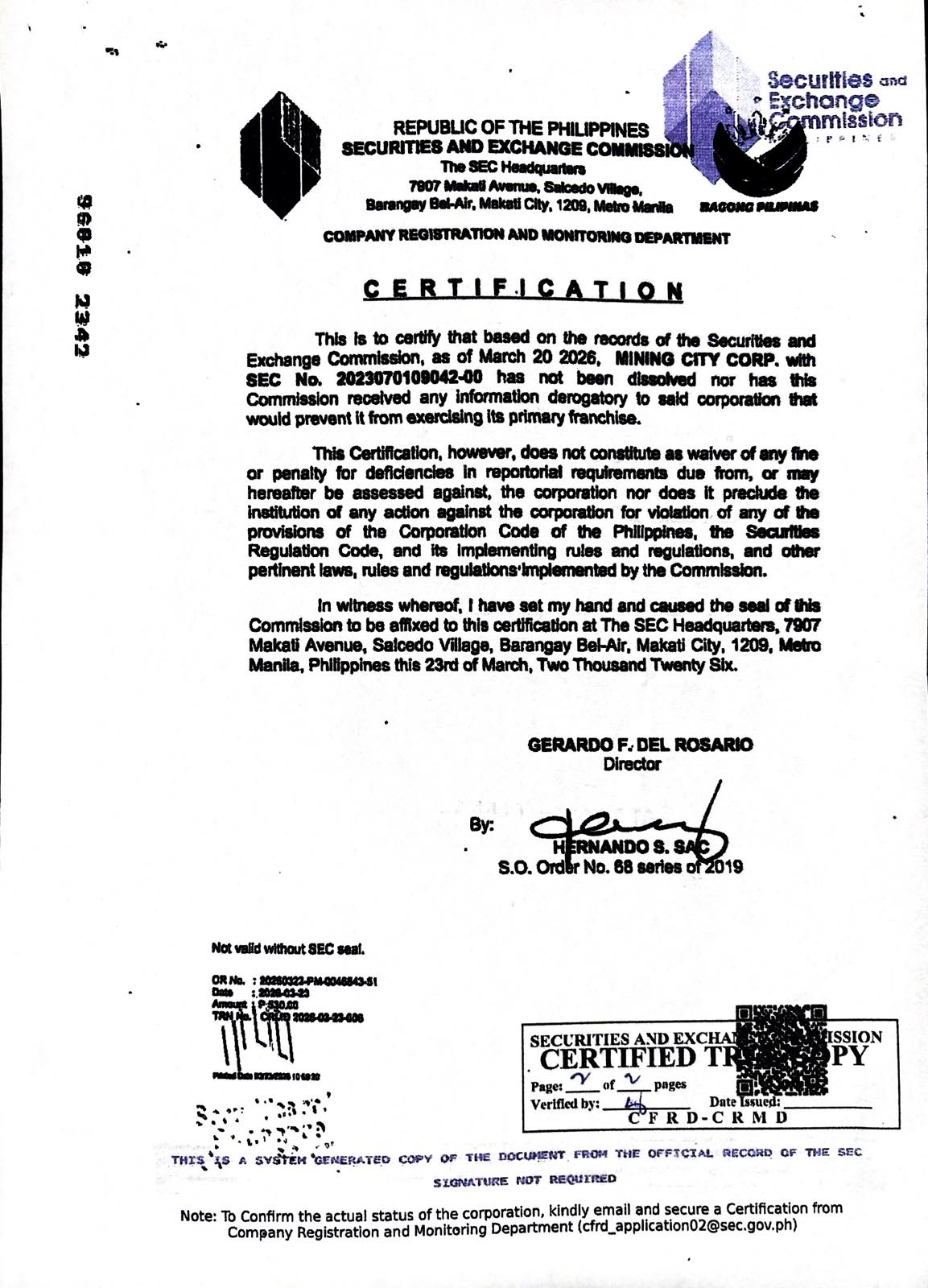 SEC Certification of No Derogatory Information for Mining City Corp., dated March 23, 2026