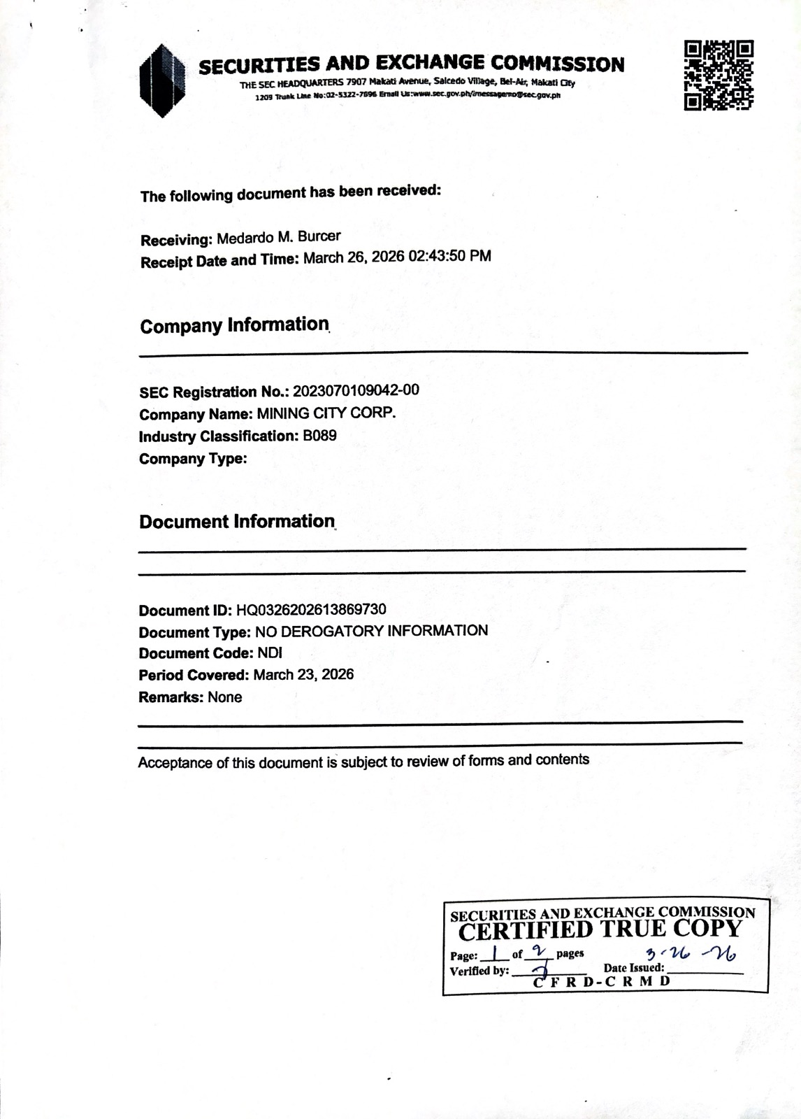 SEC Receipt Slip acknowledging Mining City Corp. Certificate of No Derogatory Information — received March 26, 2026