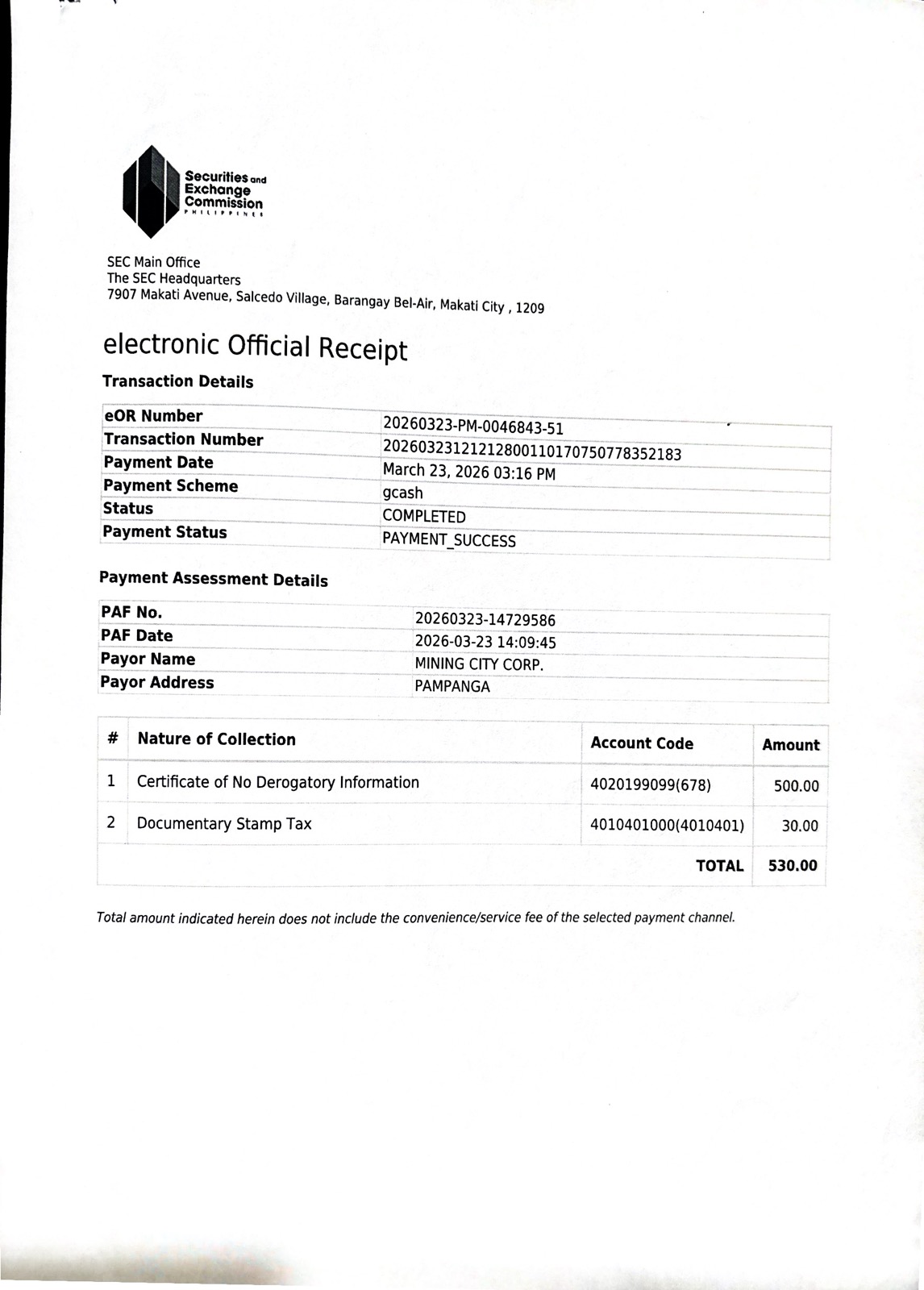 SEC electronic Official Receipt (eOR) for Mining City Corp. — payment for Certificate of No Derogatory Information on March 23, 2026
