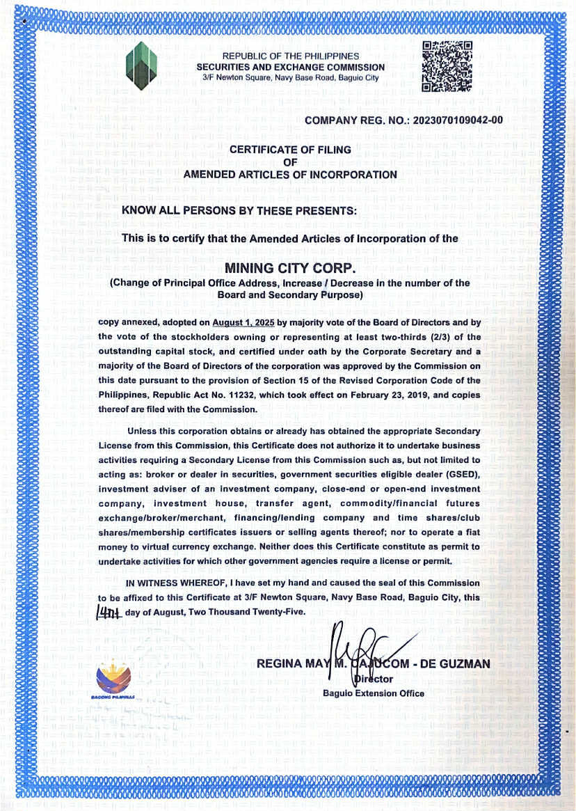 Certificate of Filing — Amended Articles of Incorporation